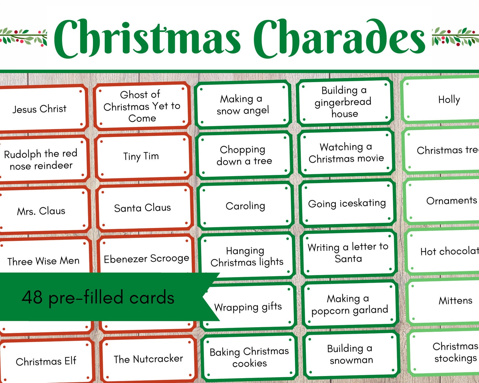 Christmas Charades, 48 Christmas Themed Charades Cards, Family Friendly