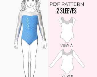 May include: A PDF pattern for a leotard with two sleeve options. The illustration shows a blue leotard with silver sleeves and a polka dot pattern. Text includes PDF PATTERN, 2 SLEEVES, VIEW A, and VIEW B, showing short and long sleeve designs.