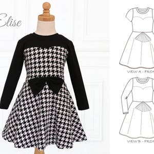 Puede incluir: Un vestido de pata de gallo blanco y negro con un corpiño negro y un lazo. El vestido tiene mangas largas y una falda acampanada. El vestido se muestra en un maniquí. La imagen también incluye dos dibujos de línea del vestido, etiquetados como "Vista A - Delantero" y "Vista B - Delantero".