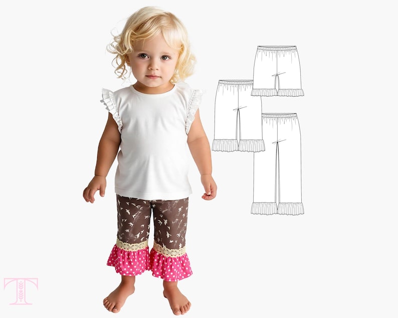 Baby Girl Pants Pattern, Ruffle Shorts & Capris PDF Sewing Pattern, Multi-Size 0-24 Months, Toddler, Infant, Easy Sew image 2