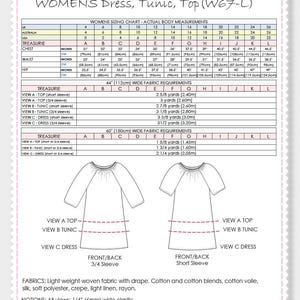 Op de afbeelding: Naaiinstructies voor een damesjurk, tuniek of top. Het patroon bevat maattabellen in inches en centimeters, stofvereisten in yards en meters, en illustraties van de verschillende aanzichten. Het patroon is van Treasurie.