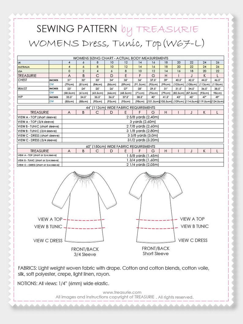 Op de afbeelding: Naaiinstructies voor een damesjurk, tuniek of top. Het patroon bevat maattabellen in inches en centimeters, stofvereisten in yards en meters, en illustraties van de verschillende aanzichten. Het patroon is van Treasurie.