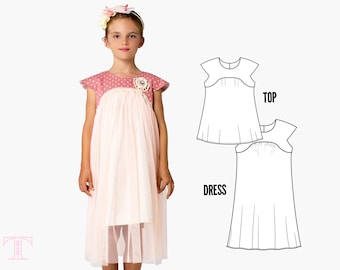 May include: A pink and white dress with a tulle skirt and a polka dot top. The dress has a flower embellishment on the bodice. The image also shows a separate top and dress pattern.