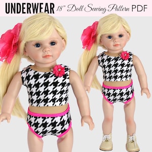 Puede incluir: Un patrón de costura para ropa interior de muñeca de 45,7 cm. El patrón incluye una parte superior de estampado de pata de gallo en blanco y negro y una parte inferior a juego con ribete rosa.