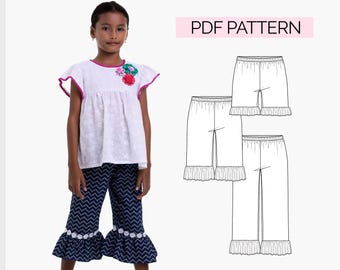 ruffle pants pattern, girls pants pattern pdf, girls shorts pattern, pants sewing pattern, pants pattern, capri pattern, KACI Pants