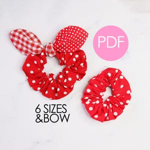 May include: Red scrunchies with white polka dots and a red and white gingham bow. The image also includes a plain red scrunchie and the text "6 Sizes & Bow". A pink circle with the text "PDF" is also visible.