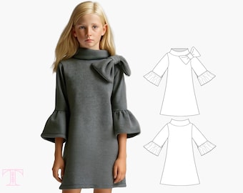 Girls Dress Pattern pdf, Tunic Pattern, Girls Clothing Pattern, Sewing Pattern for Kids, Stretch Dress Pattern | ELKE (D111-L)