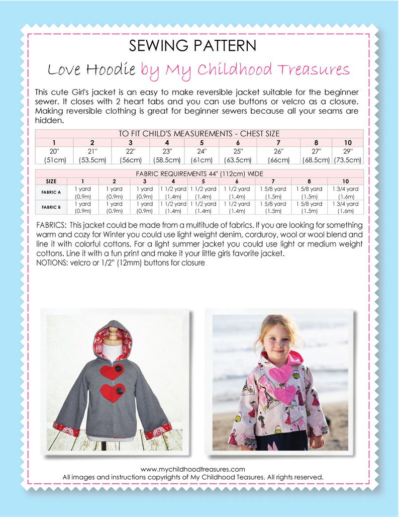 Op de afbeelding: Naai-patroon voor een omkeerbare capuchontrui voor kinderen. Het patroon bevat instructies voor maten van 51 cm tot 73,5 cm borstomvang. Het patroon heet "Love Hoodie" van "My Childhood Treasures".