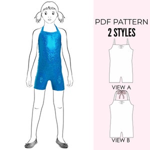 May include: PDF pattern for a girl's leotard with two styles. View A features a halter neck and View B has a tie at the neck. The pattern is shown on a model wearing a blue leotard.