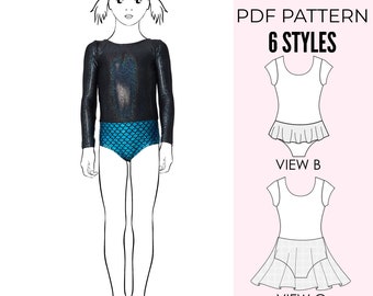 May include: PDF pattern for 6 styles of leotards for girls. The pattern includes a long-sleeved leotard with a mermaid scale print, a sleeveless leotard with a ruffle, and a sleeveless leotard with a skirt. The pattern is available in sizes 2-14.