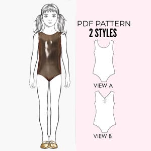 May include: A PDF pattern for a leotard featuring two styles. The illustration shows a figure wearing a metallic bronze leotard with a scoop neckline. Text reads PDF PATTERN 2 STYLES, VIEW A, and VIEW B, with line drawings of both designs.