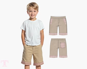 Boys Shorts Sewing Pattern PDF, Unisex Cargo Bermuda Shorts, Kids Pants Pattern, Faux Fly, Side & Back Pockets, Elastic Waist