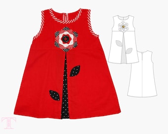 May include: Red sleeveless dress with a black and white flower design and black polka dots. The dress has a split in the back and a white and black pattern on the front.