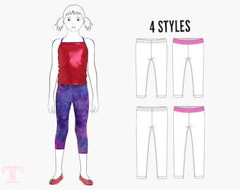 May include: A line drawing of a girl wearing a red tank top and purple tie-dye leggings. Below the girl are four line drawings of leggings in different styles: two white leggings with a pink waistband and two white leggings with a plain waistband. The text "4 STYLES" is above the leggings.