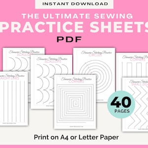 Sewing Practice Sheets, Printable Beginner Sewing Worksheets, Learn to Sew, Sewing Machine Exercises, Straight & Curved Stitching Practice