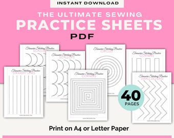 Sewing Practice Sheets, Printable Beginner Sewing Worksheets, Learn to Sew, Sewing Machine Exercises, Straight & Curved Stitching Practice
