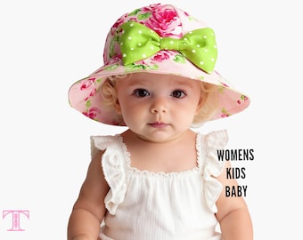 Baby Sun Hat Sewing Pattern, Reversible Girls & Women’s Hat PDF, Kids Summer Hat with Detachable Bow 3 Brim Sizes, Unisex