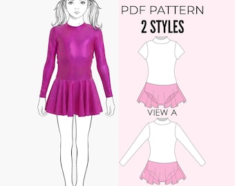 Girls leotard pattern PDF, ballet, gymnastics, dance, high neck, skirt, leotard sewing pattern for kids LEOTARD #15