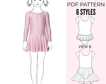 May include: PDF pattern for a girls' leotard with 6 different styles. The pattern includes a long-sleeved leotard with a skirt, a sleeveless leotard with a ruffle, and a sleeveless leotard with a skirt.