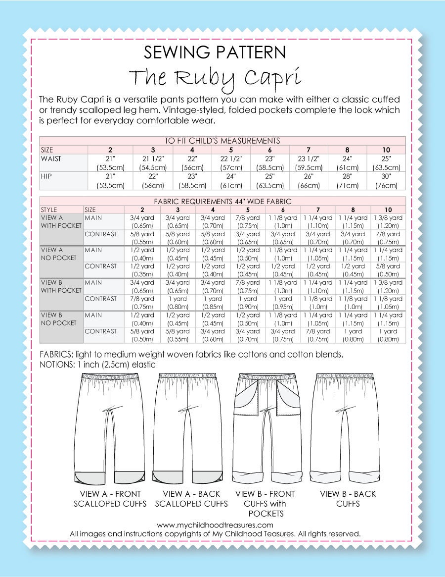 Girls Pants Pattern Pdf, Pants Sewing Pattern, Capri Pattern, Girls Trouser  Pattern, Girls Shorts Pattern, 3/4 Pants Pattern, RUBY CAPRI 