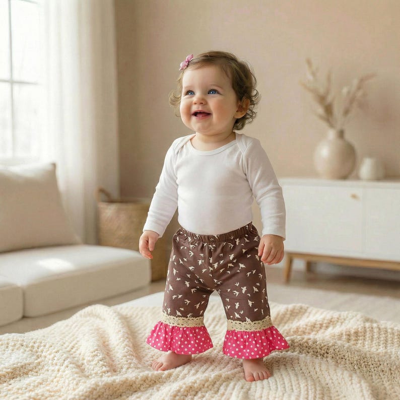 Baby Girl Pants Pattern, Ruffle Shorts & Capris PDF Sewing Pattern, Multi-Size 0-24 Months, Toddler, Infant, Easy Sew image 1