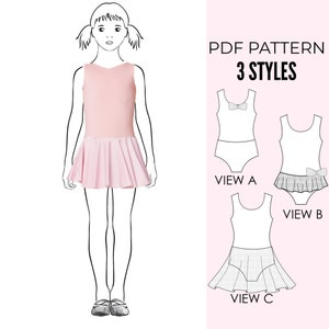 May include: PDF pattern for a sleeveless leotard with three different styles: a basic leotard, a leotard with a bow, and a leotard with a ruffled skirt.  The pattern includes instructions for sewing each style.