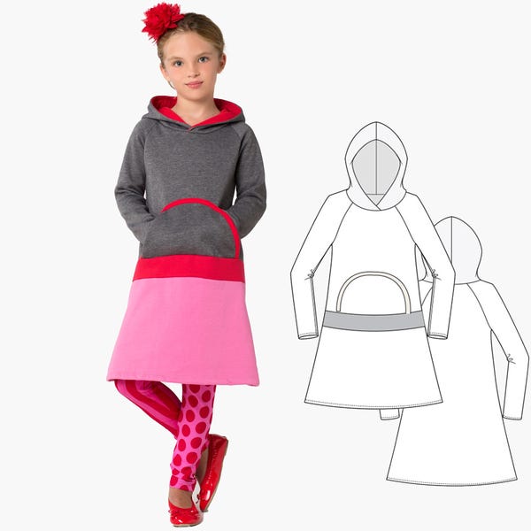 Girls dress sewing pattern PDF, Sweater dress for winter with long sleeves, and a hood, SALLY