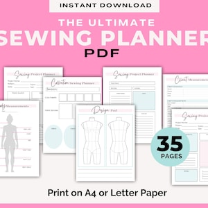 May include: A printable sewing planner PDF with 35 pages. The planner includes sections for body measurements, client measurements, project planning, collection planning, and design sketches. The text "Print on A4 or Letter Paper" is at the bottom of the image.
