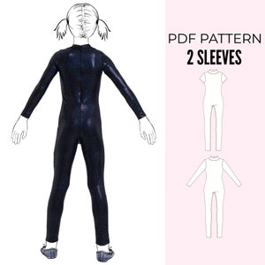 May include: PDF pattern for a jumpsuit with two sleeve options. The pattern includes a long-sleeved and a short-sleeved option. The pattern is shown on a model wearing a black jumpsuit with a sparkly finish.