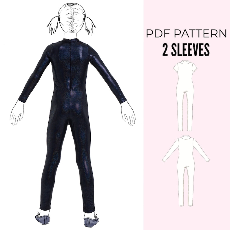May include: PDF pattern for a jumpsuit with two sleeve options. The pattern includes a long-sleeved and a short-sleeved option. The pattern is shown on a model wearing a black jumpsuit with a sparkly finish.