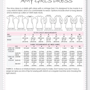 May include: Sewing pattern for a girls dress called "Amy Girls Dress" by Treasurie. The pattern includes instructions for making a dress with short or long sleeves and a stand-up collar or t-shirt style neck. The pattern includes fabric requirements for sizes 2 to 10, with measurements in inches and centimeters.