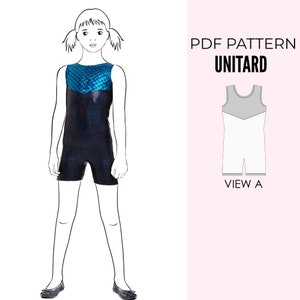 May include: A black unitard with a blue scale-like pattern on the chest. The image includes a line drawing of a person wearing the unitard and a diagram labeled "PDF Pattern Unitard View A."