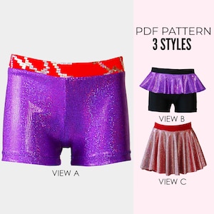 May include: PDF pattern for three styles of shorts and skirts. View A is a purple sparkly short with a red waistband. View B is a black short with a purple sparkly ruffle skirt. View C is a pink sparkly skirt with a red waistband.