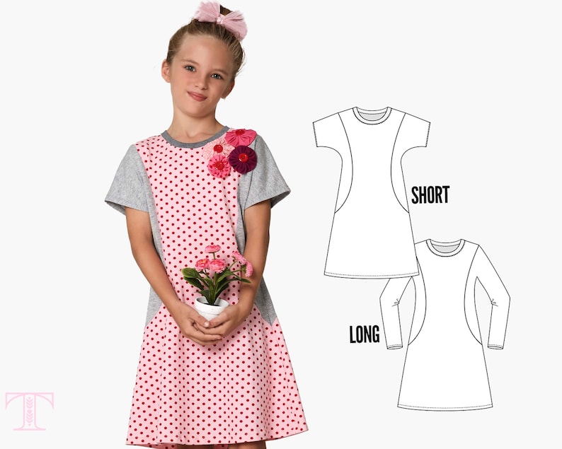May include: A pink and grey dress with red polka dots and a flower applique. The dress has short sleeves and a round neckline. The dress is available in two lengths: short and long.  SHORT and LONG are written on the pattern.