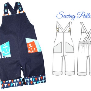 以下が含まれることがあります： 青いデニム生地とカラフルなアンカープリントのオーバーオールの縫製パターン。パターンには、オーバーオールの正面と背面のビューが含まれています。