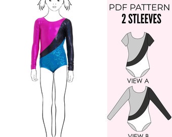 May include: PDF pattern for a leotard with two sleeve options. View A shows a short-sleeved leotard with a gray, black, and white color scheme. View B shows a long-sleeved leotard with a gray, black, and white color scheme.