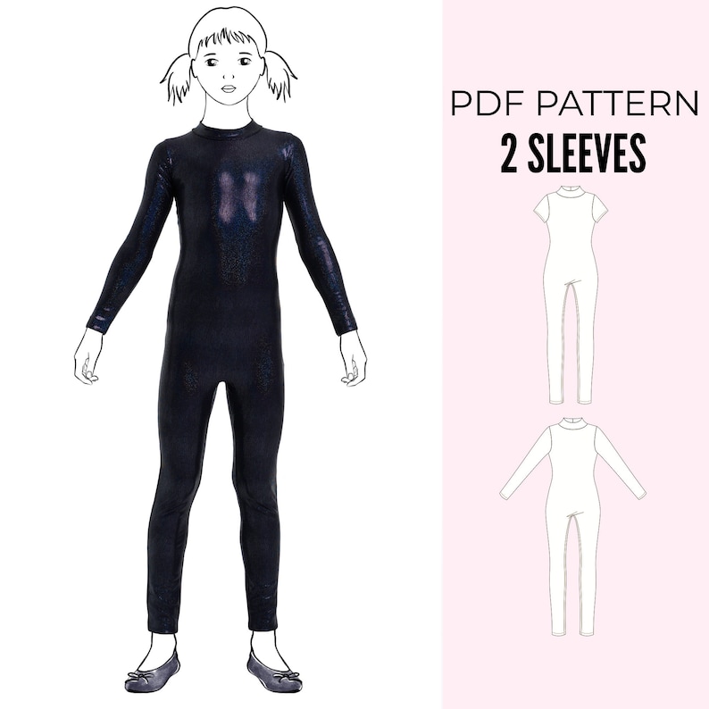 May include: PDF pattern for a leotard with two sleeve options. The pattern includes a long-sleeved leotard and a short-sleeved leotard. The leotard is shown on a model wearing a black leotard.