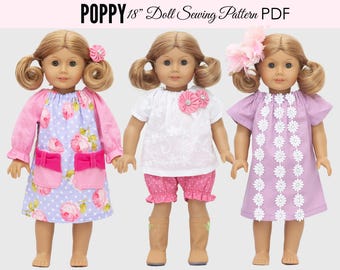 Doll Dress Patterns, Girl Doll Clothes Pattern, 18 inch Doll Clothes Sewing Pattern pdf, Doll Clothing Pattern, DOLL POPPY