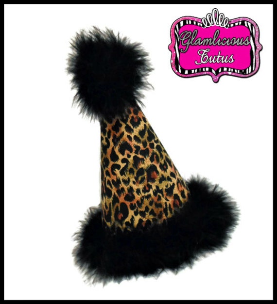 Leopard birthday hat with feather boa newborn adult size. Etsy