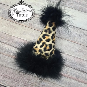 Leopard birthday hat with feather boa, newborn- adult size. Can be done in any fabric not just leopard