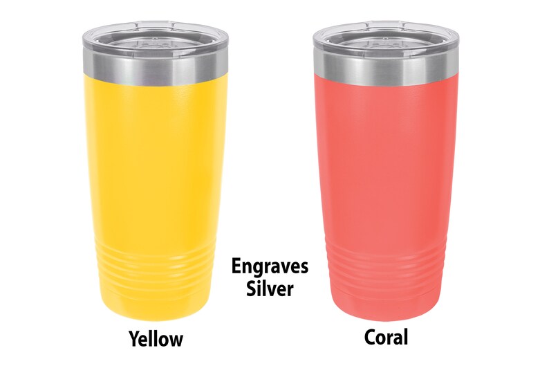 May include: Two stainless steel tumblers, one yellow and one coral, with silver lids.  Engraves Silver.