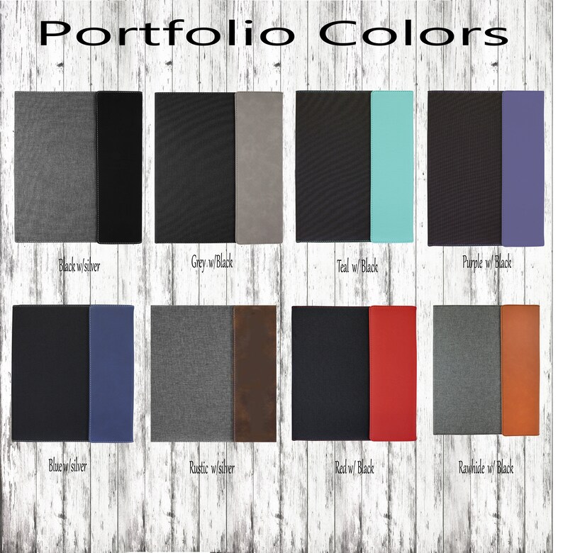 May include: A collage of eight different color combinations for a portfolio. The portfolio is made of two different materials, one is a textured fabric and the other is a smooth leather. The color combinations are: Black with silver, Grey with Black, Teal with Black, Purple with Black, Blue with silver, Rustic with silver, Red with Black, and Rawhide with Black.