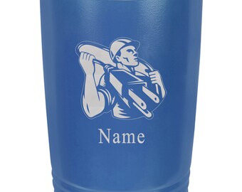 May include: A blue stainless steel tumbler with a white graphic of an electrician carrying a tool belt and a power cord. The tumbler has a silver lid and the text "Name" is engraved below the graphic.