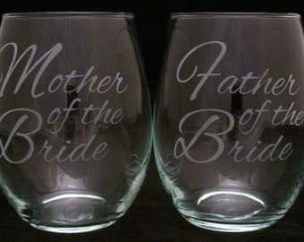 Mother Father Of The Bride Stemless Wine Glasses Wedding gifts, Bridal party gifts