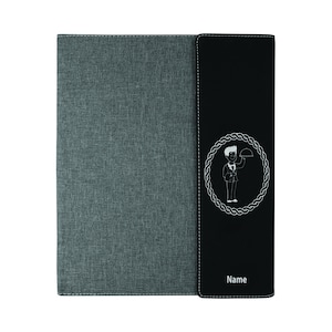 May include: A gray and black fabric-covered menu cover with a white illustration of a waiter holding a tray. The cover has a stitched border and the word "Name" is printed on the black side.