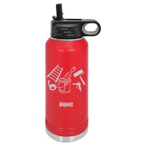 May include: Red stainless steel water bottle with a black lid and a straw. The bottle has a white design of a paint can, paint roller, paint brush, ladder, and paint sprayer. The text "NAME" is printed on the bottle.