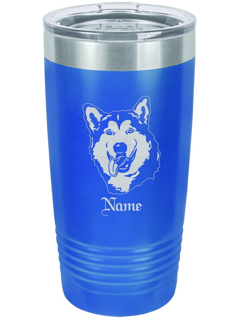 May include: A blue stainless steel tumbler with a white Alaskan Malamute dog silhouette and the word "Name" engraved on it.