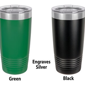 May include: Two stainless steel tumblers, one green and one black, with silver lids.  The tumblers have a textured, ribbed design and engrave silver.  Engraves Silver.