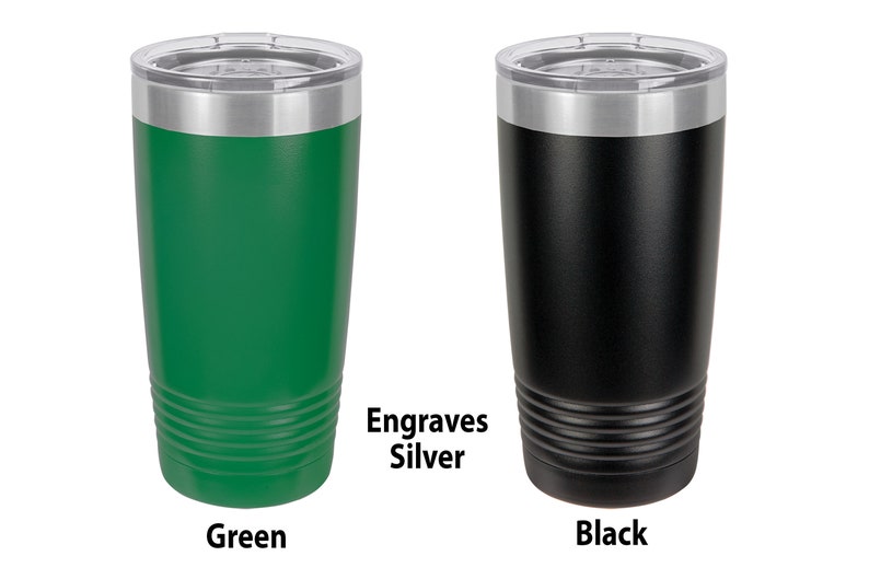 May include: Two stainless steel tumblers, one green and one black, with silver lids.  The tumblers have a textured, ribbed design and engrave silver.  Engraves Silver.