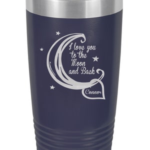 Je t'aime jusqu'à la lune et retour, cadeau personnalisé, cadeau monogramme, cadeau d'anniversaire, tasse thermo noire, gobelet à café, 6 couleurs différentes Navy